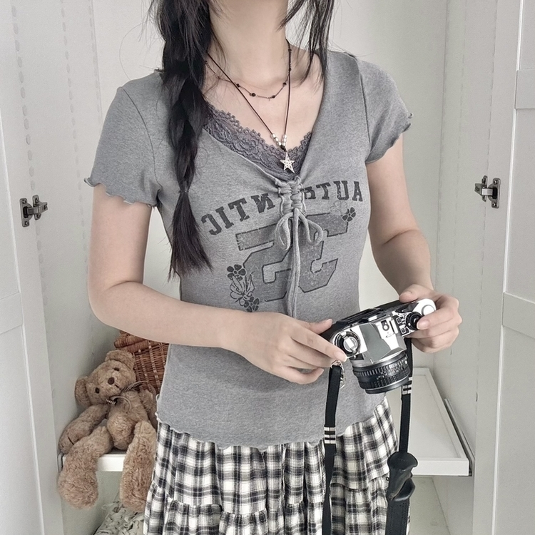 フラワーリボンシャーリング半袖Tシャツ GREY