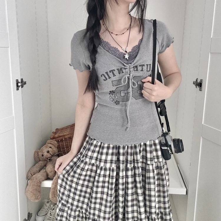 フラワーリボンシャーリング半袖Tシャツ GREY