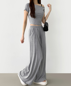 ツーピース 【SET】ワンオフショルダーTシャツツ ワイドパンツ GREY