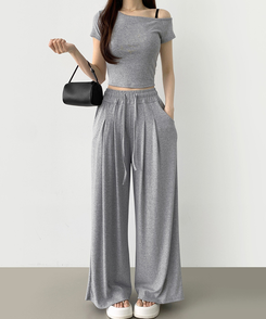 ツーピース 【SET】ワンオフショルダーTシャツツ ワイドパンツ GREY