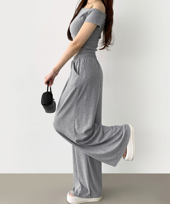 ツーピース 【SET】ワンオフショルダーTシャツツ ワイドパンツ GREY