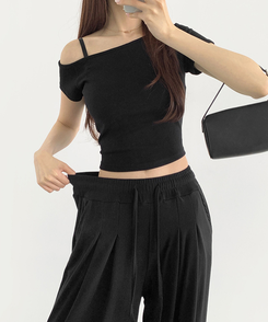 ツーピース 【SET】ワンオフショルダーTシャツツ ワイドパンツ BLACK