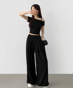ツーピース 【SET】ワンオフショルダーTシャツツ ワイドパンツ BLACK