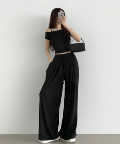 ツーピース 【SET】ワンオフショルダーTシャツツ ワイドパンツ BLACK