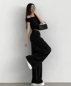ツーピース 【SET】ワンオフショルダーTシャツツ ワイドパンツ BLACK