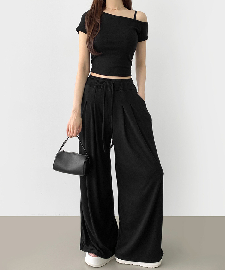 【SET】ワンオフショルダーTシャツツ ワイドパンツ BLACK