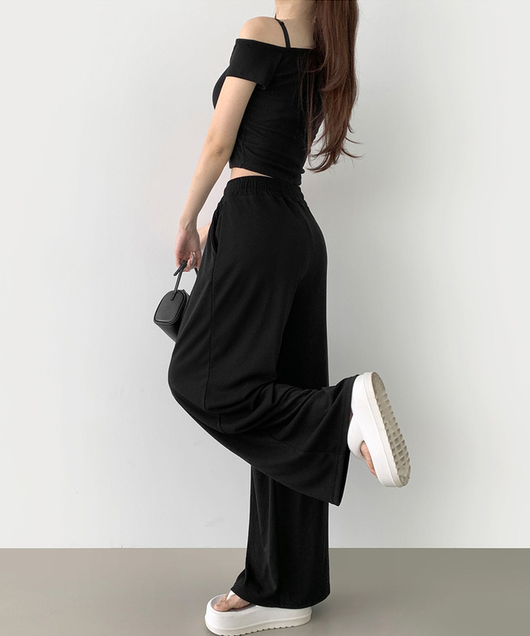 【SET】ワンオフショルダーTシャツツ ワイドパンツ BLACK