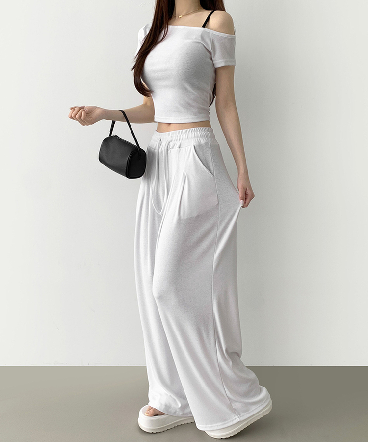 【SET】ワンオフショルダーTシャツツ ワイドパンツ IVORY