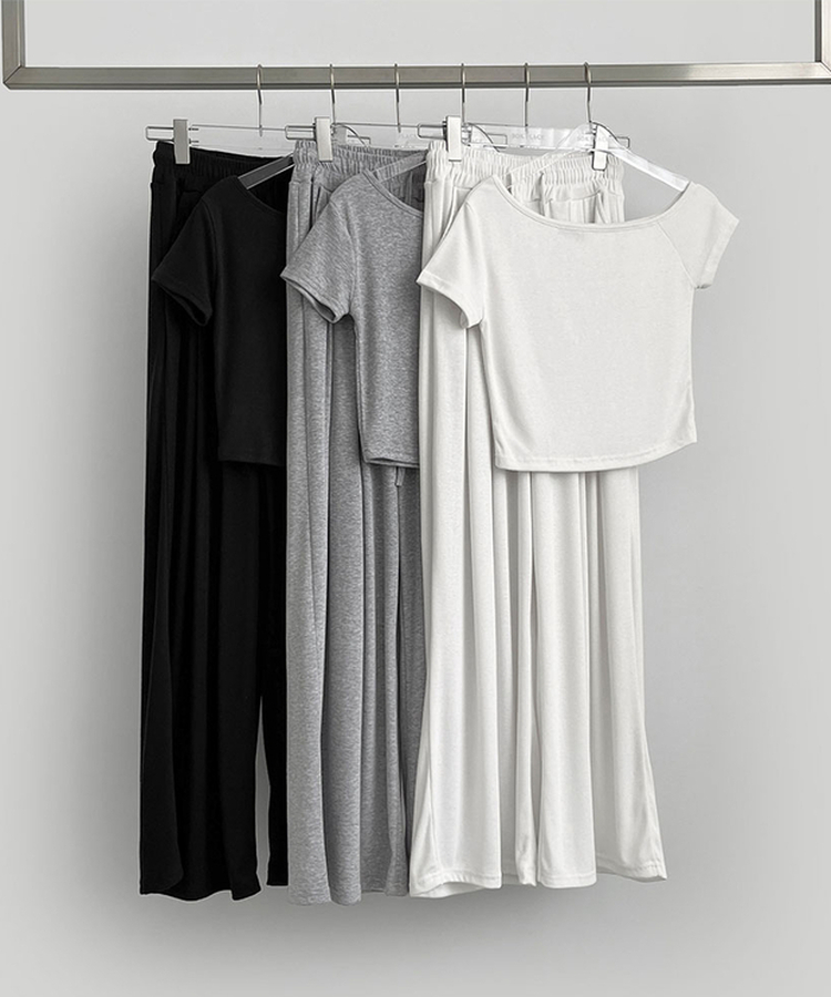 【SET】ワンオフショルダーTシャツツ ワイドパンツ