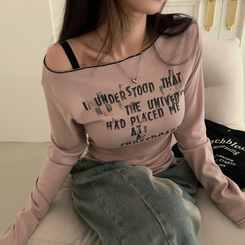 長袖Tシャツ レタリングオフショルダー長袖Tシャツ PINK