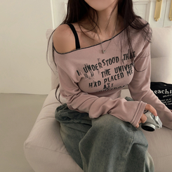 長袖Tシャツ レタリングオフショルダー長袖Tシャツ PINK