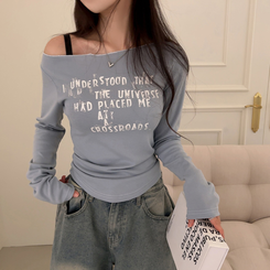 長袖Tシャツ レタリングオフショルダー長袖Tシャツ SKY BLUE