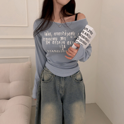 長袖Tシャツ レタリングオフショルダー長袖Tシャツ SKY BLUE