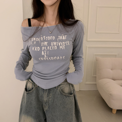 長袖Tシャツ レタリングオフショルダー長袖Tシャツ SKY BLUE