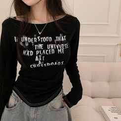 長袖Tシャツ レタリングオフショルダー長袖Tシャツ BLACK
