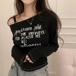 長袖Tシャツ レタリングオフショルダー長袖Tシャツ BLACK