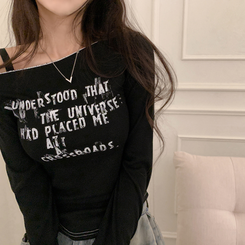 長袖Tシャツ レタリングオフショルダー長袖Tシャツ BLACK