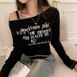 長袖Tシャツ レタリングオフショルダー長袖Tシャツ BLACK
