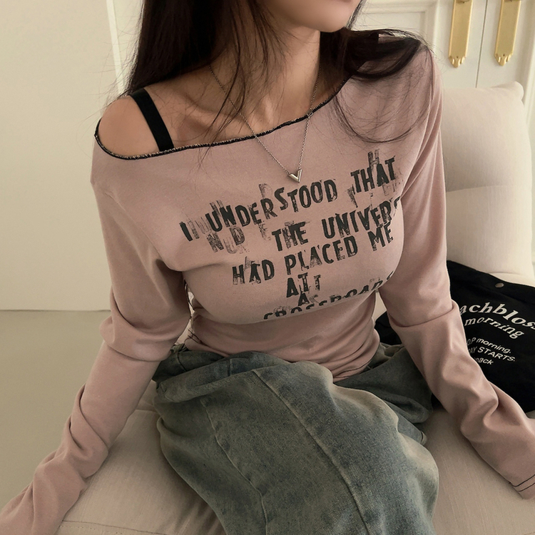 レタリングオフショルダー長袖Tシャツ PINK