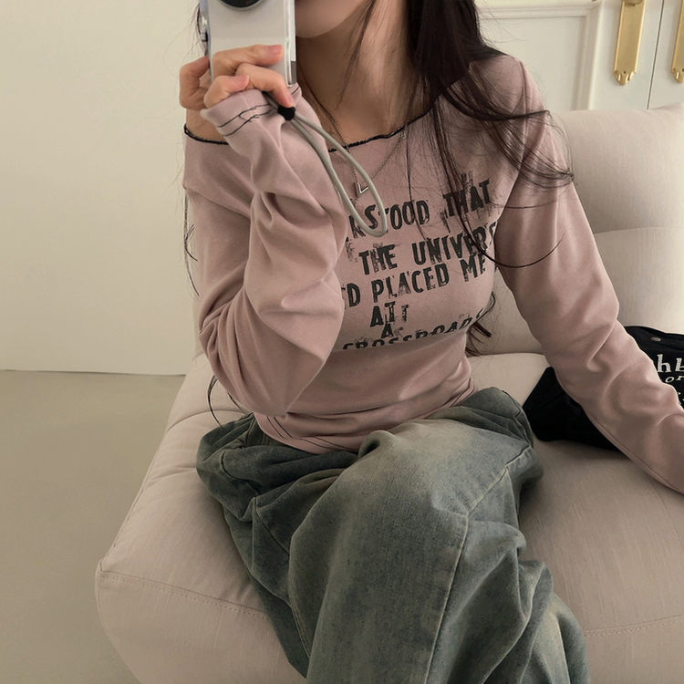 レタリングオフショルダー長袖Tシャツ PINK