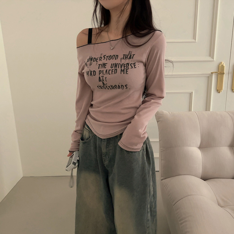 レタリングオフショルダー長袖Tシャツ PINK