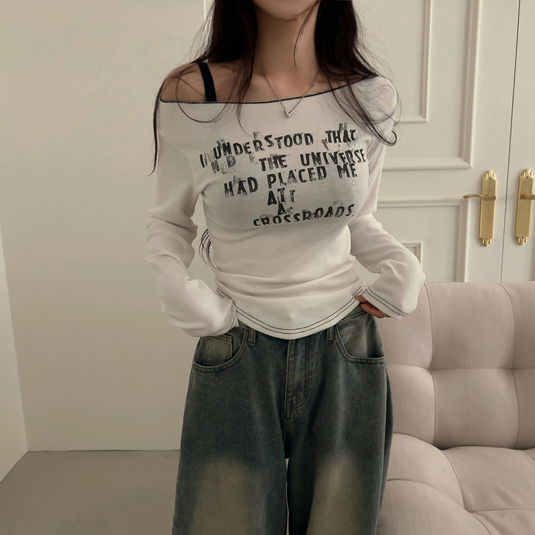 レタリングオフショルダー長袖Tシャツ IVORY