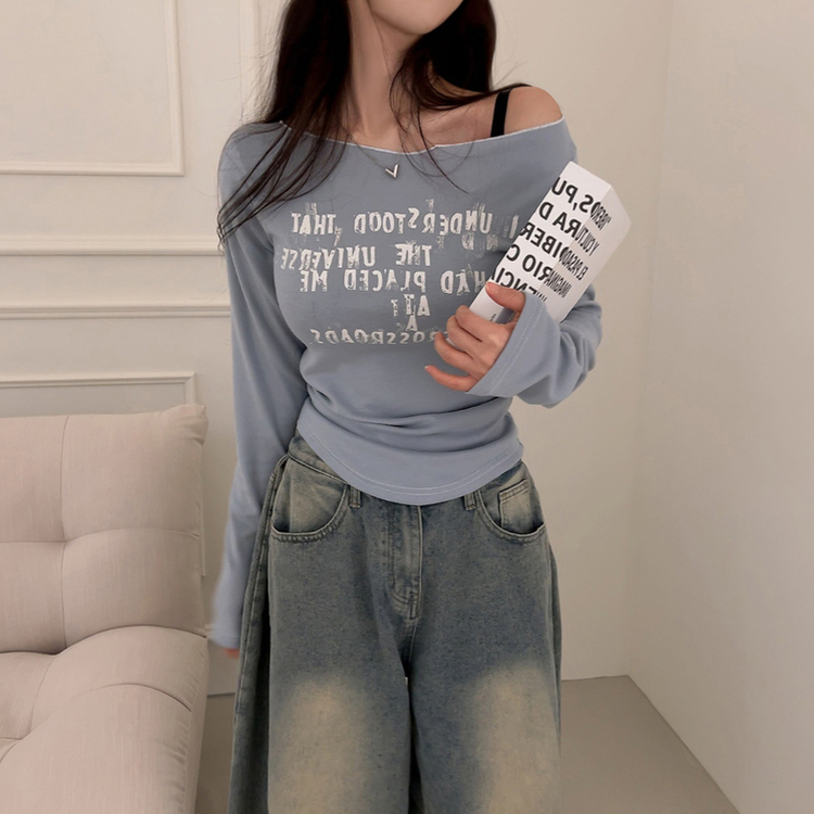 レタリングオフショルダー長袖Tシャツ SKY BLUE