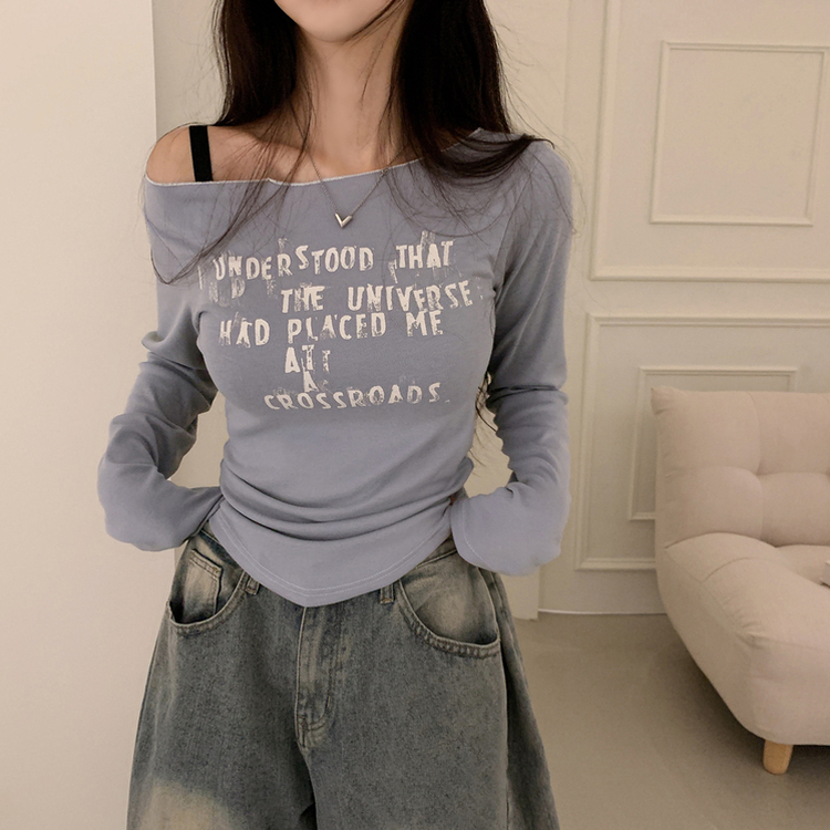レタリングオフショルダー長袖Tシャツ SKY BLUE