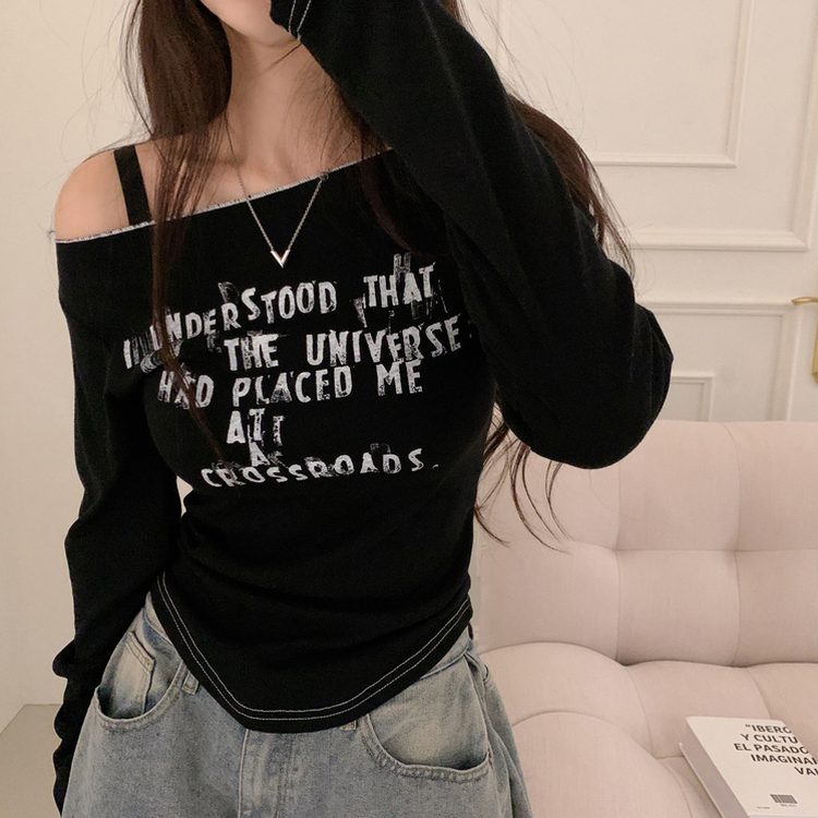 レタリングオフショルダー長袖Tシャツ BLACK