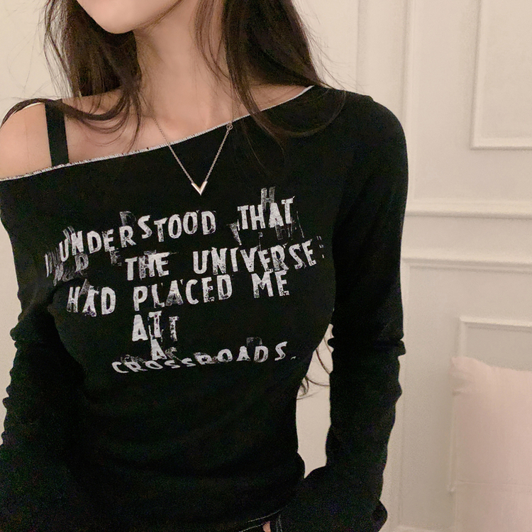 レタリングオフショルダー長袖Tシャツ BLACK