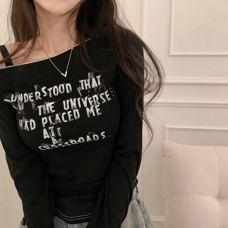 レタリングオフショルダー長袖Tシャツ BLACK