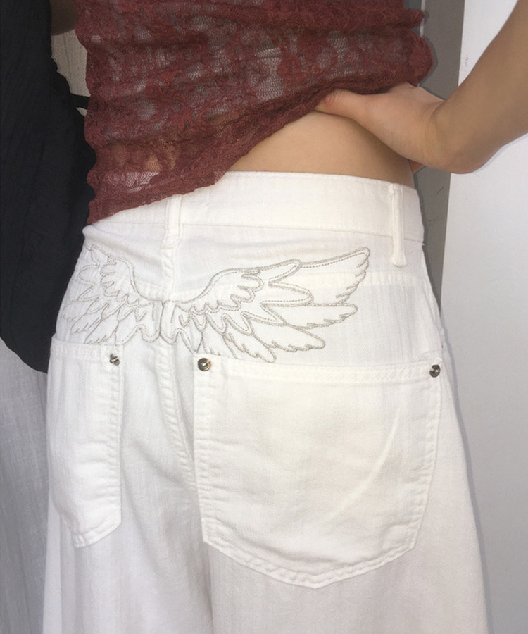 エンジェルウィング刺繍ワイドパンツ IVORY
