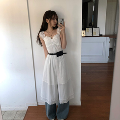 真夏のデイズフリルレイヤードロングワンピースワンピース WHITE