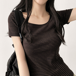 スパンストライプ半袖Tシャツ BROWN