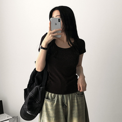 スパンストライプ半袖Tシャツ BROWN