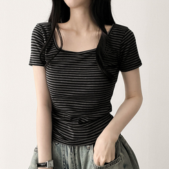 スパンストライプ半袖Tシャツ BLACK