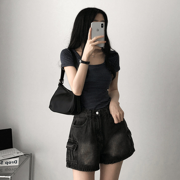 スパンストライプ半袖Tシャツ CHARCOAL