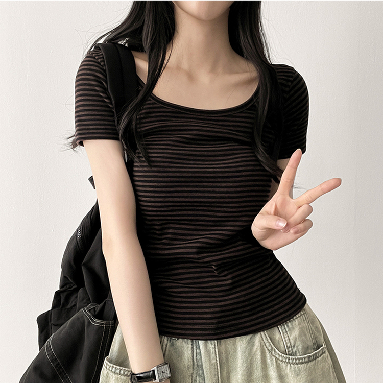 スパンストライプ半袖Tシャツ BROWN