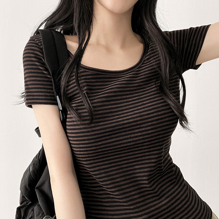 スパンストライプ半袖Tシャツ BROWN