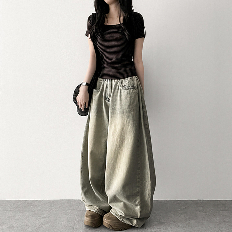 スパンストライプ半袖Tシャツ BROWN