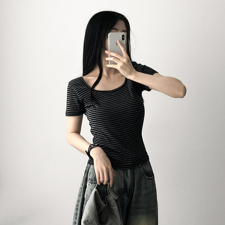 スパンストライプ半袖Tシャツ BLACK