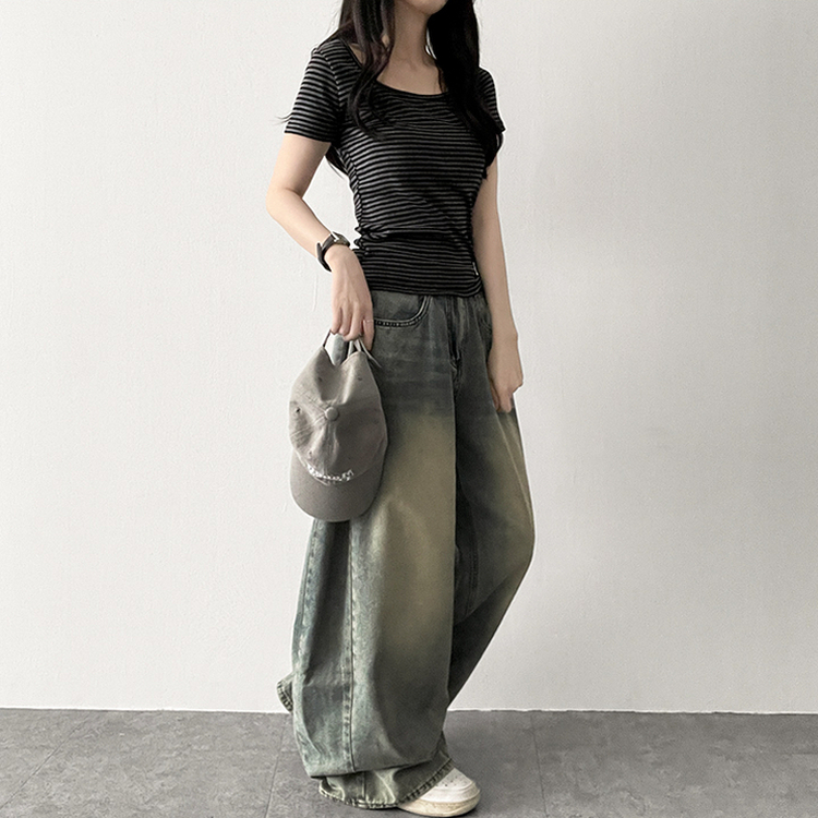 スパンストライプ半袖Tシャツ BLACK