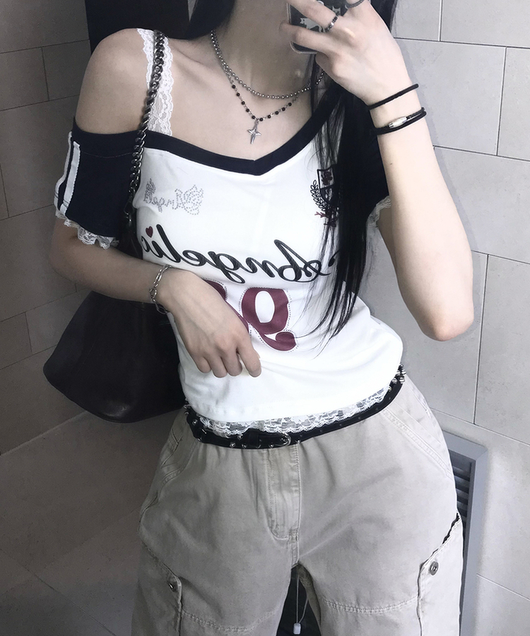 アンバランスレース半袖Tシャツ WHITE