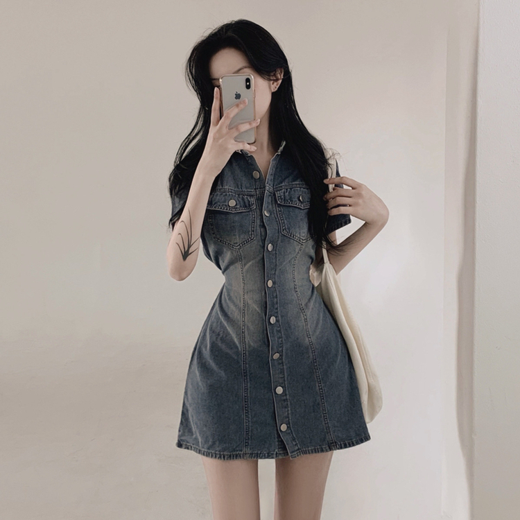 ミニワンピース デニムウォッシングリボンミニワンピース DEEP DENIM