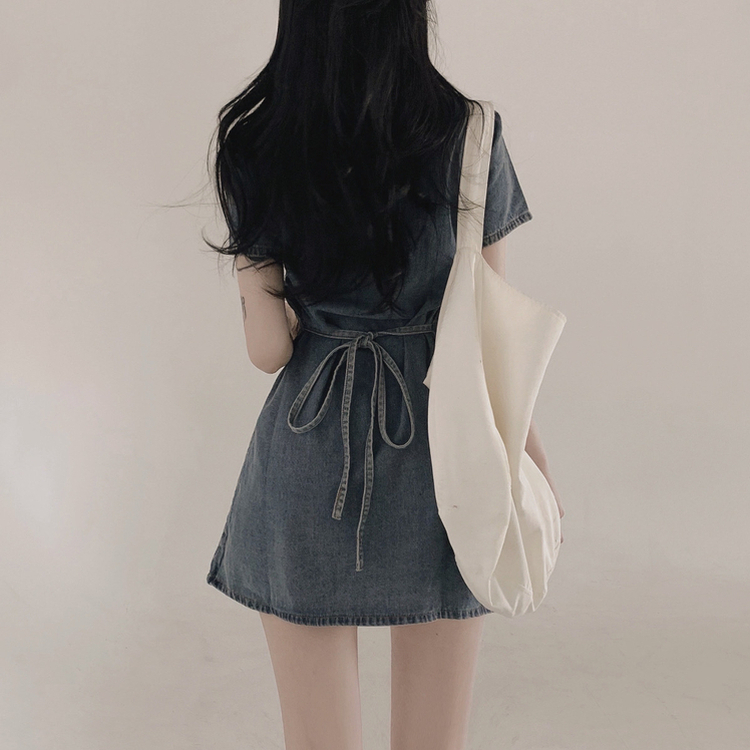 ミニワンピース デニムウォッシングリボンミニワンピース DEEP DENIM