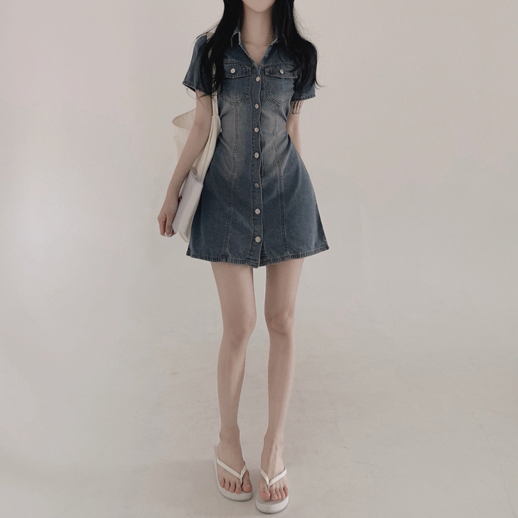 ミニワンピース デニムウォッシングリボンミニワンピース DEEP DENIM