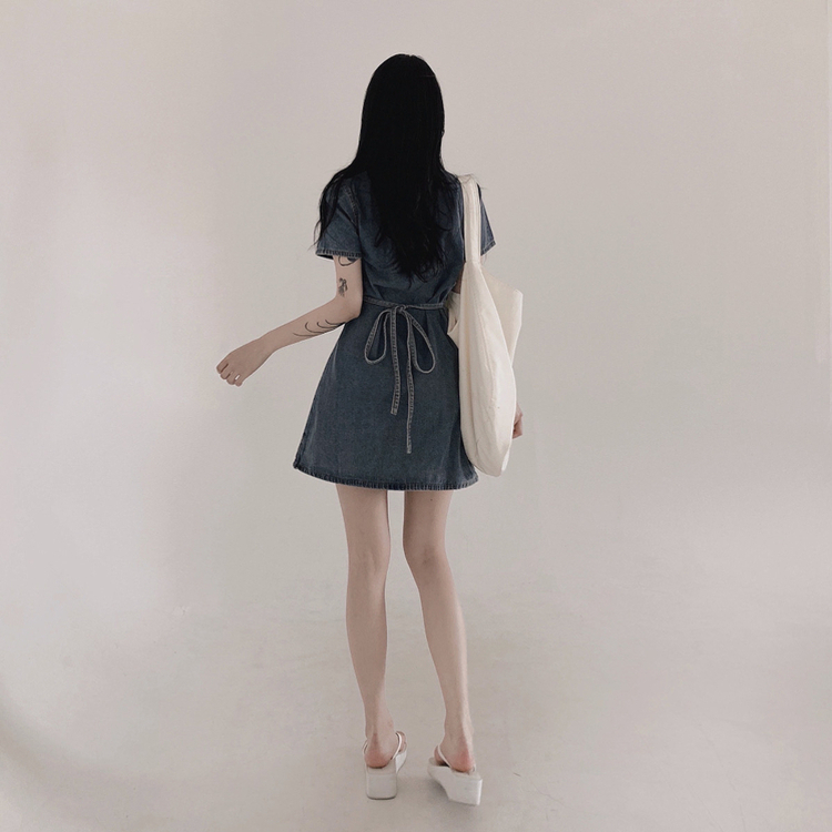 ミニワンピース デニムウォッシングリボンミニワンピース DEEP DENIM