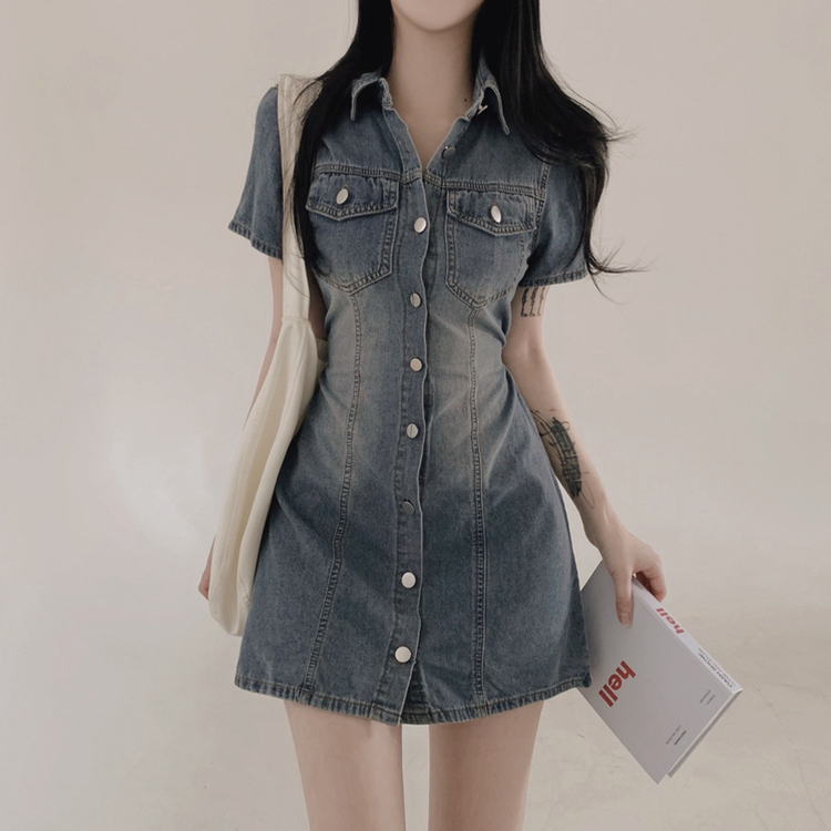 ミニワンピース デニムウォッシングリボンミニワンピース DEEP DENIM