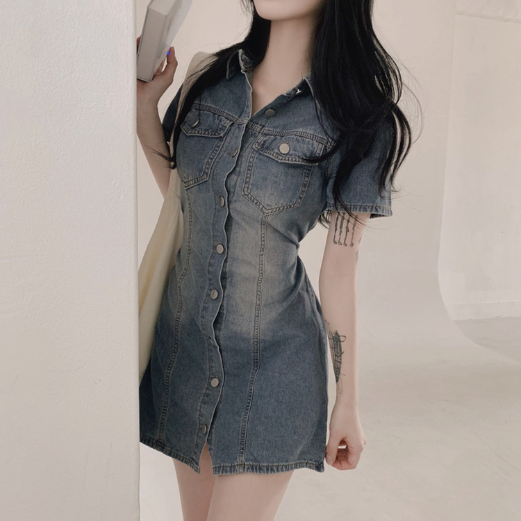 ミニワンピース デニムウォッシングリボンミニワンピース DEEP DENIM