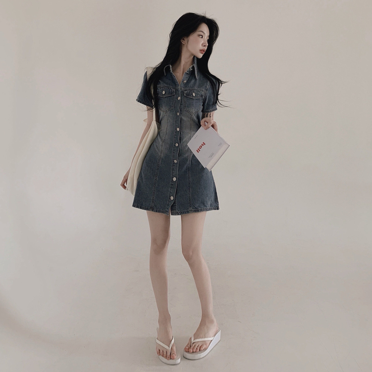 ミニワンピース デニムウォッシングリボンミニワンピース DEEP DENIM